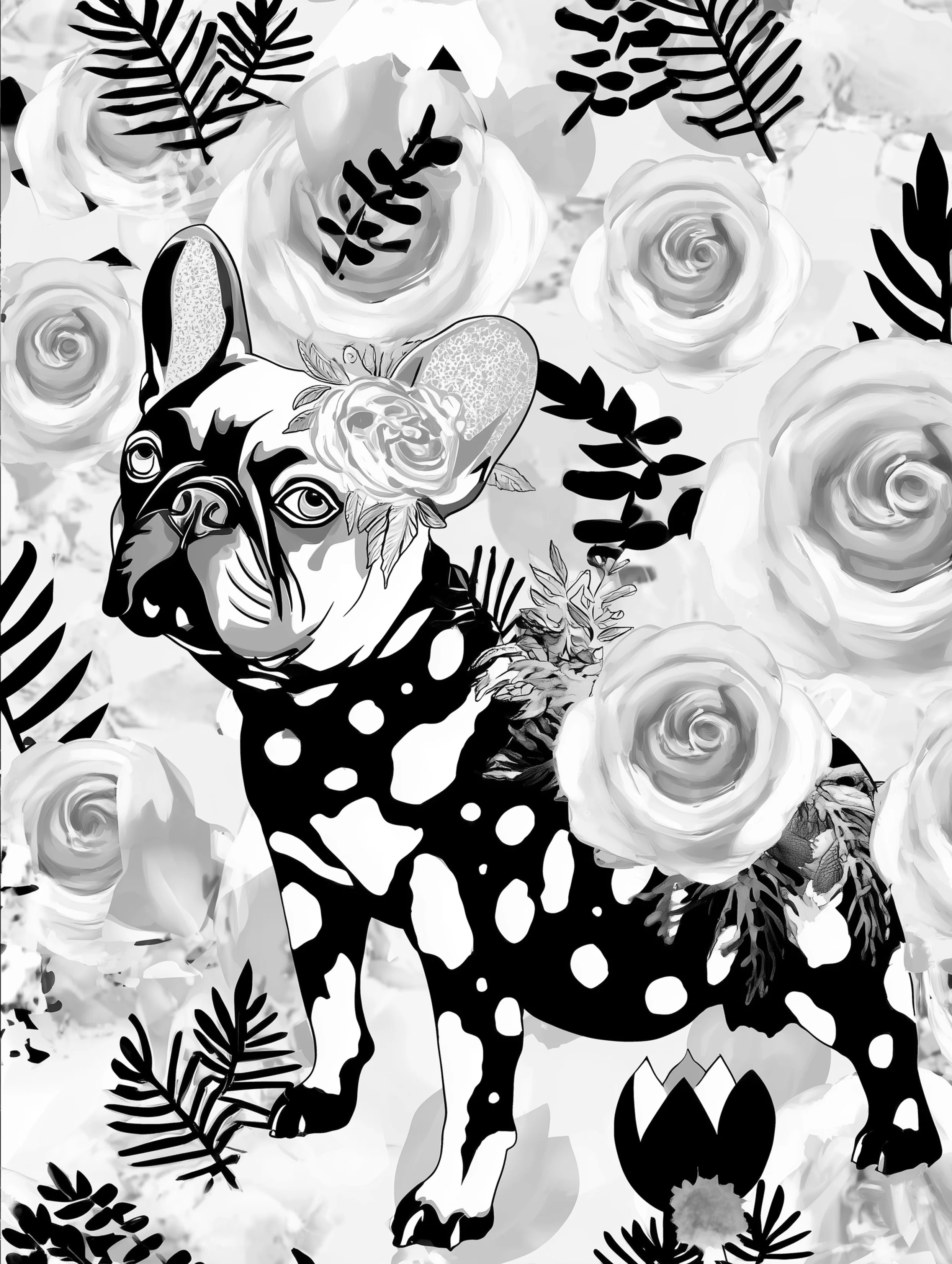 Free printable french bulldog coloring page featuring a white spots frenchie dog